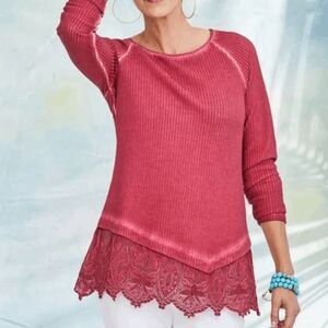 NWT Soft Surroundings Jasmin Thermal Long Sleeve Lace Waffle Knit Top Shirt Sz M